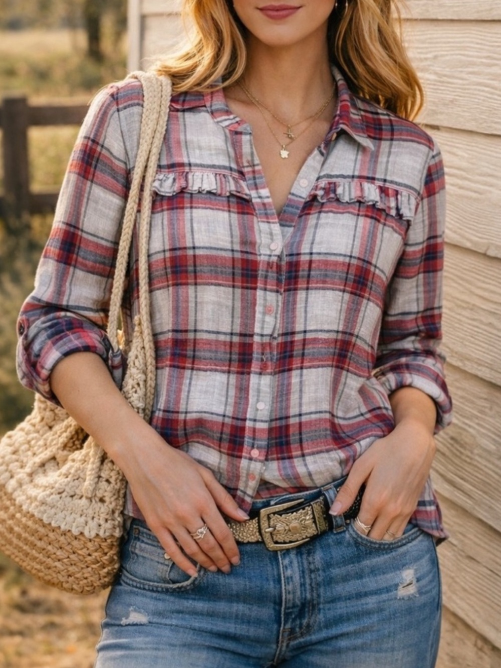G.H. BASS Red Gray Plaid Western Ruffle Button Up Top Cowgirl Medium